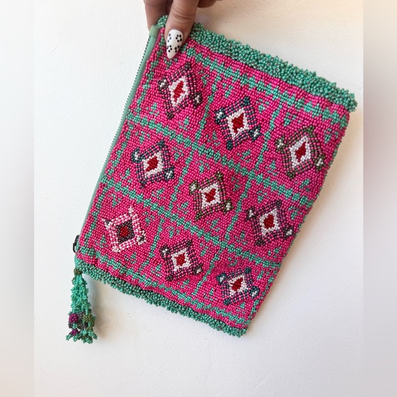 Anthropologie Handbags - Anthropologie Jasper & Jeera beaded clutch bag purse BOHO pink teal